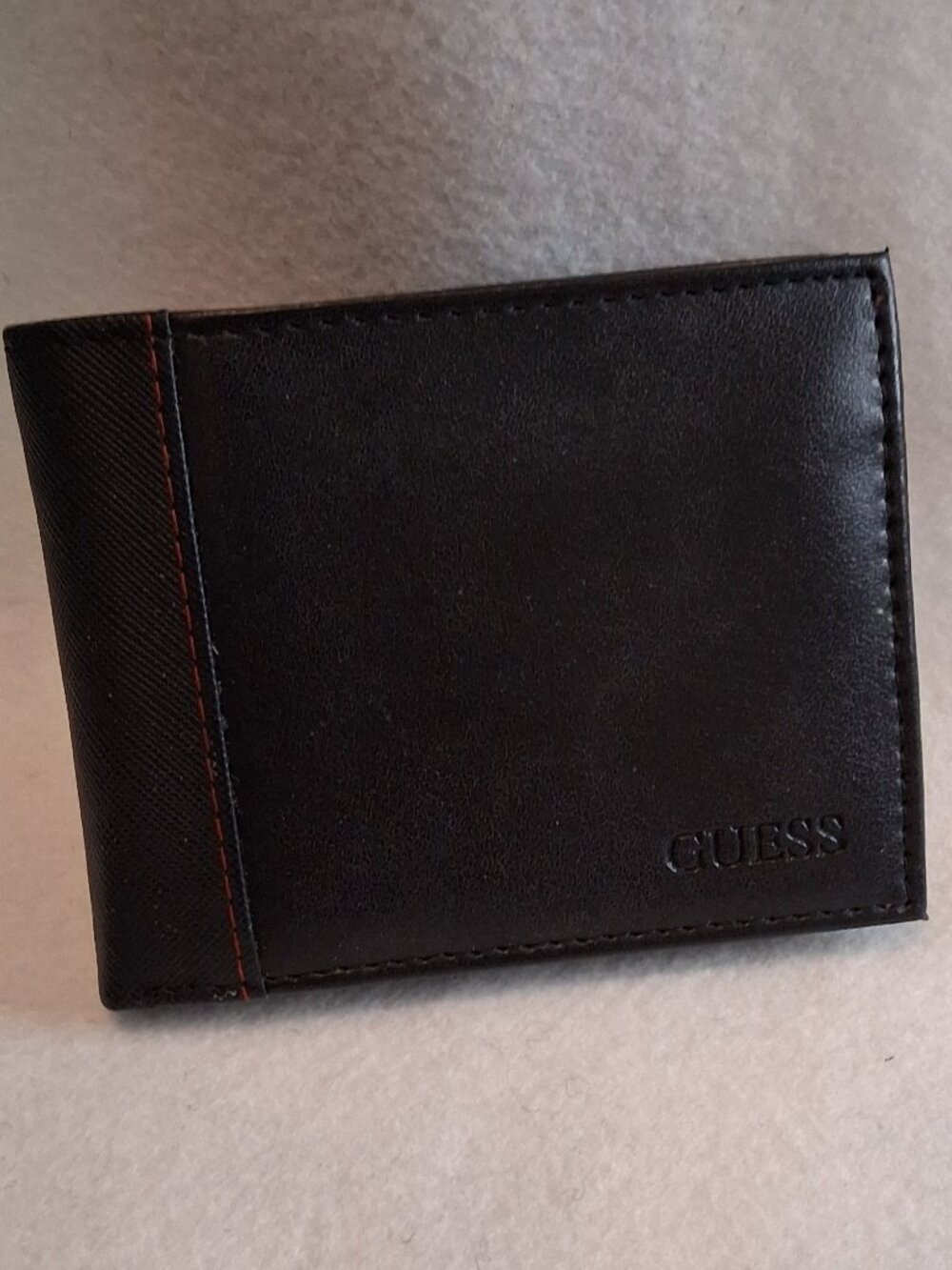 GUESS Men’s Black Saffiano Passcase Bifold Wallet Red Stitching Accent